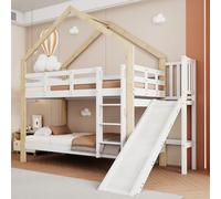 KOMHTOM 90x200cm Lit Superposé avec échelle et Toboggan, Lit d'enfant avec Clôture de Sécurité et Sommier à Lattes en Bois, Cadre de lit(sans Matelas) (B)