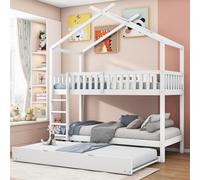 KOMHTOM 90x200cm Lit Superposé avec lit Extensible, Lit Cabane avec Clôture de Sécurité et Escaliers, Support à Lattes, Blanc(sans Matelas) (E)
