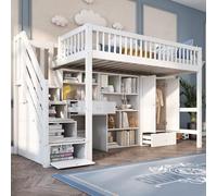 KOMHTOM 90x200cm Lit Surélevé avec Bureau, Escalier de Stockage, Casiers, lit d'enfant Multifonctionnel avec Clôture de Sécurité, Cadre de Lit(sans Matelas) (C)