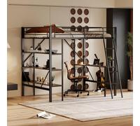 KOMHTOM 90x200cm Lit Surélevé avec Bureau et Trois Grandes étagères, Lit Mezzanine Cadre de lit en métal pour Enfants, Adolescents(sans Matelas) (Noir)