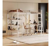 KOMHTOM 90x200cm Lit Surélevé avec Bureau et Trois Grandes étagères, Lit Mezzanine Cadre de lit Lit en métal pour Enfants, Adolescents(sans Matelas) (Blanc)