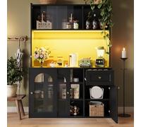 KOMHTOM Armoire de Cuisine, Armoire de Salle à Manger, Vitrine Salon, Espace de Rangement Spacieux, avec éclairage LED, Porte Coulissante en Verre et Poignée en Aluminium (Noir)