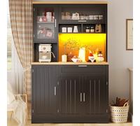 KOMHTOM Armoire de Cuisine, Armoire Haute, Buffet, Porte-Verres à Vin, 5 Tiroirs, 4 Portes Vitrées, Poignées et Pieds en Métal Doré, Grand Espace de Rangement (Noir-10)