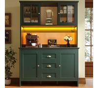 KOMHTOM Armoire de Cuisine, Armoire Haute, Buffet, Porte-Verres à Vin, 5 Tiroirs, 4 Portes Vitrées, Poignées et Pieds en Métal Doré, Grand Espace de Rangement (Vert)