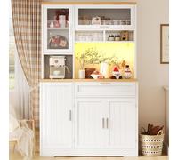KOMHTOM Armoire de Cuisine, Armoire Haute, Buffet, Porte-Verres à Vin, 5 Tiroirs, 4 Portes Vitrées, Poignées et Pieds en Métal Doré, Grand Espace de Rangement (Blanc-10)
