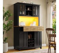 KOMHTOM Armoire de Cuisine, Armoire Haute, Buffet, Porte-Verres à Vin, 5 Tiroirs, 4 Portes Vitrées, Poignées et Pieds en Métal Doré, Grand Espace de Rangement (Noir-4)