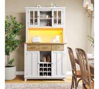 KOMHTOM Armoire de Cuisine, Buffet, Vitrine, Dispositif Anti-basculement, éclairage LED, 3 Tiroirs, 4 Portes, Casier à Bouteilles, Câble Hole (Blanc + Naturel)