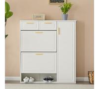 KOMHTOM Armoire de Rangement, Armoire à Chaussures à Couvercle Rabattable en Bois avec 2 Tiroirs et Poignée Dorée, Meuble à 3 Niveaux pour Entrée, Couloir et Salon (Blanc)