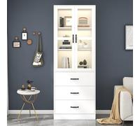 KOMHTOM Armoire de rangement blanche avec LED, buffet vitrine à deux portes et TROIS tiroirs, armoire polyvalente pour chambre à coucher, salon, salle à manger (C)