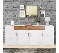 KOMHTOM Armoire TV en placage PVC marbré blanc - Commode avec 2 tiroirs et 4 grandes portes - Buffet pour salon et salle à manger - Blanc
