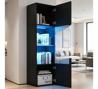 KOMHTOM Armoire Vitrine LED 35x50x165cm, Meuble Exposition Mural avec Éclairage USB, Design Contemporain pour Salon Bureau, Panneau Particules Noir Haut-Brillant(35x50x165cm)