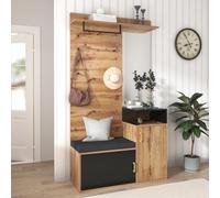 KOMHTOM Buffet à chaussures en grain de bois, armoire de rangement avec crochets, miroir et deux portes, armoire polyvalente pour entrée, couloir, chambre à coucher (C)