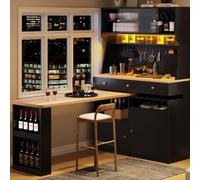 KOMHTOM Buffet Cuisine 137 cm, Vaisselier avec Plan de Travail et LED | MDF,plan de travail extensible,LED pilotée par application,étagères réglables,panneau perforé,3 colis