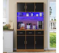 KOMHTOM Buffet de Salle à Manger avec LED Meubles de Rangement avec 6 Portes et 3 tiroirs, Meuble Cuisine avec Plans de Travail Vaisselier Salle a Manger (B- Couleur Naturelle + Noir)