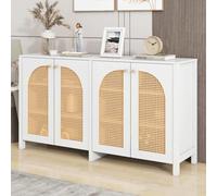 KOMHTOM Buffet en rotin Blanc, Meuble de Rangement de Salon, Meuble de Cuisine avec 4 Portes et séparations réglables Meuble Chambre (Blanc)