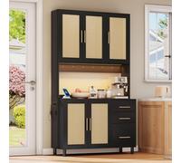 KOMHTOM Buffet LED en Bois avec 3 Tiroirs, Poignées Métal Dorées, 2 Ports USB et 2 Prises électriques, Armoire de Rangement Moderne en Rotin pour Salon et Cuisine (Noir)