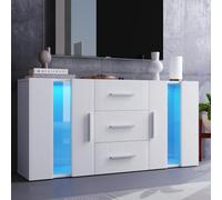 KOMHTOM Buffet lumineux à LED, meuble TV moderne blanc, armoire de rangement avec 3 tiroirs et 2 portes, commode pour salon, chambre à coucher, couloir et salle à manger (B)