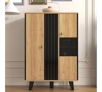 KOMHTOM Buffet noir et bois avec 4 grandes étagères, vitrine avec verre et lumières LED, armoire multifonction pour salon, chambre, couloir et salle à manger (A)