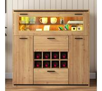 KOMHTOM Buffet Salle a Manger avec LED et Un casier à vin, Meuble de Rangement avec 2 Portes et 2 tiroirs Vaisselier pour Le Salon et la Cuisine (A)