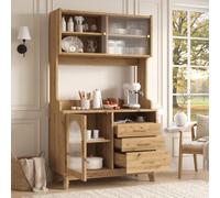 KOMHTOM Buffet vaisselier 100,5 x 40 x 178 cm avec Prises et Ports USB | Panneaux de particules, acrylique strié, 1 porte basse, 3 tiroirs, niche ouverte, 2 colis