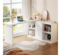 KOMHTOM Bureau d'angle avec Rangement,Table d'ordinateur en L réversible | Montage réversible à gauche ou à droite,2 tiroirs,4 niches ouvertes de rangement,pour bureau,chambre et gaming,blanc