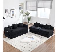 KOMHTOM Canapé 4 Places en Velours Côtelé avec 5 Coussins Confortables, DIY Libre et Structure Métal - Canapé Convertible Multifonctionnel Moderne (Noir-C)