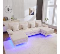 KOMHTOM Canapé 4 Places Moderne en Velours avec Ports USB, Lampe LED, Chaise Longue, 4 Appuis-Tête, Cadre en Bois et Pieds Doré, Canapé en U Confortable (Beige)