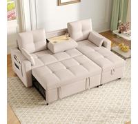 KOMHTOM Canapé d'angle Convertible en Forme de L avec Espace de Rangement, Canapé-lit avec Porte-Boissons Rabattable, Poche de Rangement latérale et 2 Oreillers, Moderne, Lin (Beige)