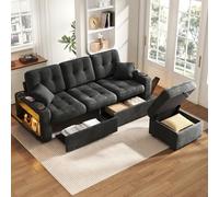 KOMHTOM Canapé d'angle en Chenille, Canapé en L 3 Places avec Port USB-C et 2 Tiroirs de Rangement, Tabouret Inclus, Accoudoirs LED, Coussins, pour Salon (Noir, C)