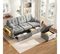 KOMHTOM Canapé d'angle en Chenille, Canapé en L 3 Places avec Port USB-C et 2 Tiroirs de Rangement, Tabouret Inclus, Accoudoirs LED, Coussins, pour Salon (Gris, C)