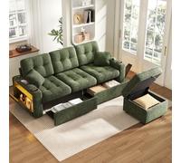 KOMHTOM Canapé d'angle en Chenille, Canapé en L 3 Places avec Port USB-C et 2 Tiroirs de Rangement, Tabouret Inclus, Accoudoirs LED, Coussins, pour Salon (Vert, C)