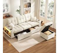 KOMHTOM Canapé d'angle en Chenille, Canapé en L 3 Places avec Port USB-C et 2 Tiroirs de Rangement, Tabouret Inclus, Accoudoirs LED, Coussins, pour Salon (Beige, C)