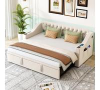 KOMHTOM Canapé lit 2 Places Convertible avec Rangement et Port de Charge, Lit 90/180x190cm avec lit gigogne (Matelas Non Inclus) (Beige-1)