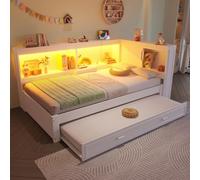 KOMHTOM Canapé-lit avec lit gigogne, 90 x 200 cm Lit Simple Multifonctionnel, avec éclairage LED, Plusieurs Compartiments de Rangement, Port de Chargement(sans Matelas) (Blanc, 90 x 200cm)