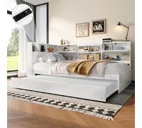 KOMHTOM Canapé-lit avec lit gigogne, Lit en Bois Multifonctionnel, 2 Prises, 1 Port USB et Type-C, Plusieurs Compartiments de Rangement(sans Matelas) (90 x 200 cm)