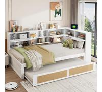 KOMHTOM Canapé-lit Convertible 90 x 190cm avec Lit Gigogne, Lit de Jour avec 2 Tiroirs, Ports USB + Type-C, Compartiments de Rangement et éclairage LED(sans Matelas) (90x200cm-Blanc)