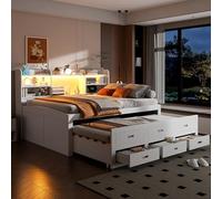 KOMHTOM Canapé-lit Multifonctionnel avec Éclairage d'ambiance à LED et Port de Charge, Lit de Jour avec lit gigogne, 3 Tiroirs et étagère de Rangement(sans Matelas)(Blanc-140x200 cm)
