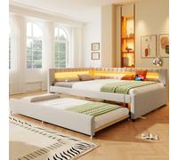 KOMHTOM Canapé-lit Multifonctionnel avec éclairage LED et Port de Charge, Lit Rembourré avec lit gigogne et Sommier à Lattes, Moderne(sans Matelas) (Beige, 140x200cm)