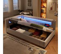 KOMHTOM Canapé-lit Multifonctionnel avec éclairage LED et Port de Charge, Lit Rembourré avec lit gigogne et Sommier à Lattes, Moderne(sans Matelas) (Beige, 90 x 200CM)