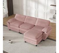 KOMHTOM Canapé Moderne 3 Places en Velours Côtelé avec Pieds Chaise Bois Noir et Pouf Détachable, Canapé Modulable en L, Fauteuil de Relaxation pour Salon (Rose)