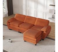 KOMHTOM Canapé Moderne 3 Places en Velours Côtelé avec Pieds Chaise Bois Noir et Pouf Détachable, Canapé Modulable en L, Fauteuil de Relaxation pour Salon (Orange)