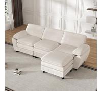 KOMHTOM Canapé Moderne 3 Places en Velours Côtelé avec Pieds Chaise Bois Noir et Pouf Détachable, Canapé Modulable en L, Fauteuil de Relaxation pour Salon (Blanc)