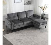 KOMHTOM Canapé Modulable en L - Canapé Moderne 4 Places en Chenille avec Pouf,Accoudoirs,Porte-Gobelets - Cadre en Bois et Pieds Noirs - Fauteuil de Relaxation Salon (Gris)