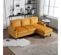KOMHTOM Canapé Modulable en L - Canapé Moderne 4 Places en Chenille avec Pouf,Accoudoirs,Porte-Gobelets - Cadre en Bois et Pieds Noirs - Fauteuil de Relaxation Salon (Jaune, B)