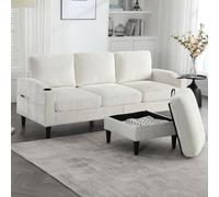 KOMHTOM Canapé Modulable en L - Canapé Moderne 4 Places en Chenille avec Pouf,Accoudoirs,Porte-Gobelets - Cadre en Bois et Pieds Noirs - Fauteuil de Relaxation Salon (Beige, B)