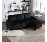 KOMHTOM Canapé Modulable en L - Canapé Moderne 4 Places en Chenille avec Pouf,Accoudoirs,Porte-Gobelets - Cadre en Bois et Pieds Noirs - Fauteuil de Relaxation Salon (Noir)