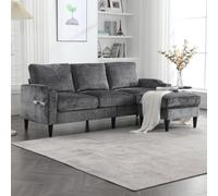 KOMHTOM Canapé Modulable en L - Canapé Moderne 4 Places en Chenille avec Pouf,Accoudoirs,Porte-Gobelets - Cadre en Bois et Pieds Noirs - Fauteuil de Relaxation Salon (Gris, B)