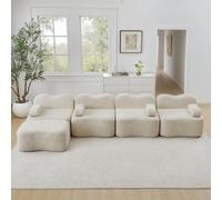 KOMHTOM Canapé Modulable en Velours, Canapé Compressé 2 à 4 Places pour Salon, Coussin d'assise Confortable en Mousse Haute Densité 32D, Aucun Montage Requis (Blanc, 4 Places en L)