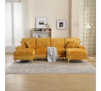 KOMHTOM Canapé Modulaire 4 Places avec Sièges Inclinables Doubles, Canapé en U avec 4 Grands Coussins de Dossier et 2 Petits Coussins, Meubles de Salon (Jaune Moutarde)