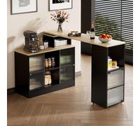 KOMHTOM Central Cuisine avec Buffet et Table Extensible, Table Bar avec Portes vitrées Meubles de Rangement Table Haute Mange Debout Buffet Salle a Manger Salon